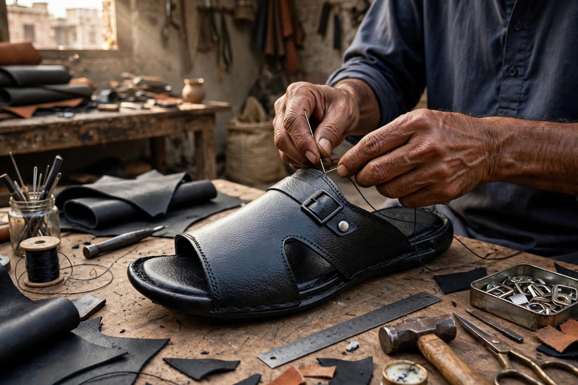 Artisan handcrafting leather footwear in Kasur